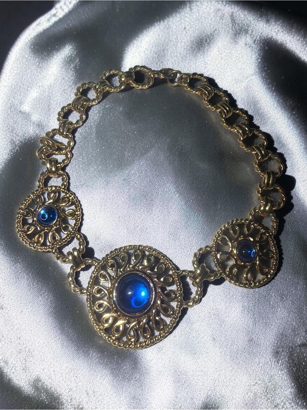 Vintage Gold Tone Blue Cabochon Statement Necklace Filigree Bib Necklace